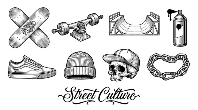 Vintage Street Culture and Skateboarding Vector Illustration Set, Hand-Drawn Engraved Urban Style Icons Featuring Skateboard, Skull, Graffiti Spray, and Sneaker Graphics.