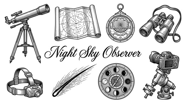 Vintage Astronomy and Night Sky Observation Equipment Set Vector Illustration - Telescope, Star Map, Binoculars, Astrolabe, and Astrophotography Gear in Hand Drawn Engraving Style
