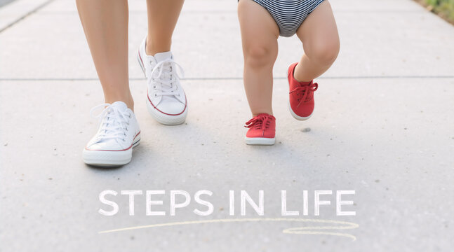 Mother and baby walking together on a concrete sidewalk. Close up of feet in white and red sneakers with Steps in Life text concept