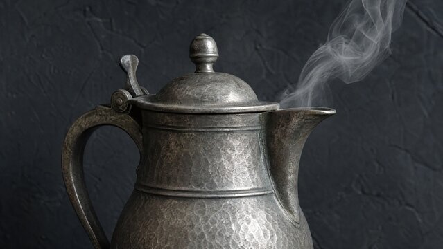 Close-up of an antique pewter flagon with hammered texture and rising vapor.