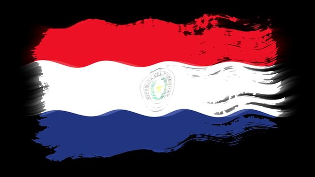Waving torn Paraguay front flag grunge brush burn light leaks, transparent background alpha channel loop full HD