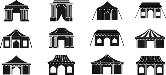 Various tent and pavilion icons set. collection of vector symbols for outdoor events. © Emongrapic