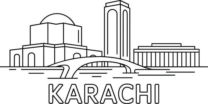 Karachi skyline illustration featuring landmarks like mazar-e-quaid and pidc house with a bridge and stylized text and famous buildings, city view
