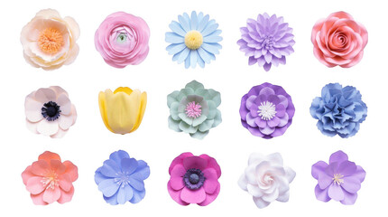 Naklejka premium Collection of colorful paper flowers on transparent background