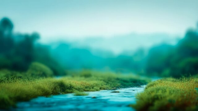 Serene river flowing through lush green landscape on a misty morning, surrounded by vibrant vegetation and soft natural light. Peaceful nature scene evokes tranquility and calmness