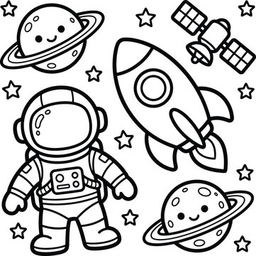 Space icons, astronaut illustrations, cartoon rocket ship, planetary symbols, coloring book elements