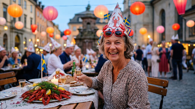 Senior woman enjoying kr&auml;ftskiva celebration with crayfish feast and lanterns in city square. Swedish tradition concept representing community, culture and seasonal gathering