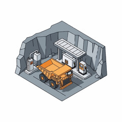 Isometric illustration of a large mining dump truck at a fuel station inside a quarry. © Ardhan