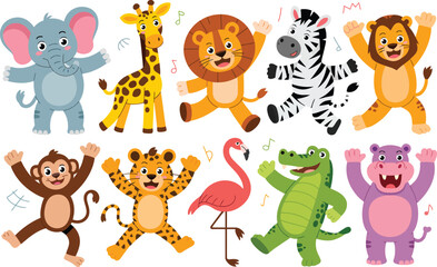 Naklejka premium Set of friendly cartoon zoo animals characters with wildlife character collection illustration elephant flamingo crocodile hippopotamus isolated background childish adorable cheerful