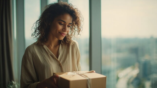 Young woman holding a wrapped gift near a bright window captures gratitude, celebration, generosity and thoughtful moments.