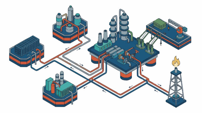Offshore oil and gas platform complex with pipelines and flare stack.