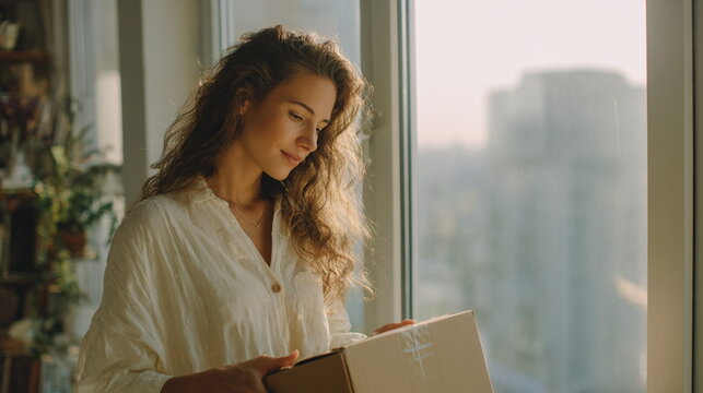 Young woman holding a wrapped gift near a bright window captures gratitude, celebration, generosity and thoughtful moments.