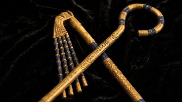 Ancient Egyptian crook and flail crossed on black velvet, ceremonial artifacts.