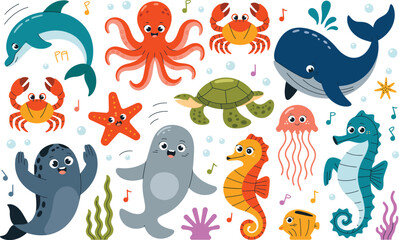 Fototapeta premium Collection of cute cartoon sea animals and ocean creatures with creature underwater illustration starfish jellyfish seahorse collection character wildlife isolated background colorful