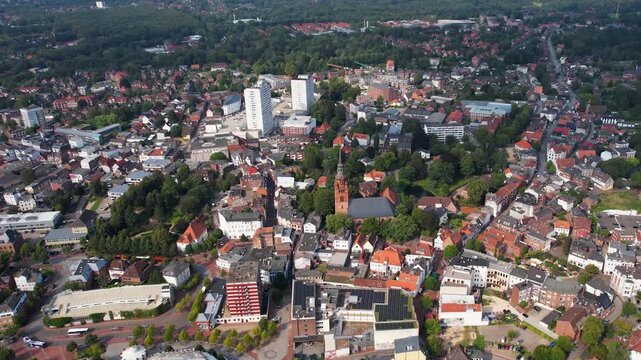 Aerial view around the downtown beside the city of Itzehoe in Germany on a sunny morning day in summer