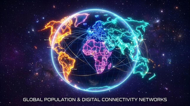 Global network connections illuminating a world map with major cities and starry background