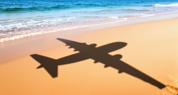 Travel concept with airplane shadow and beach
