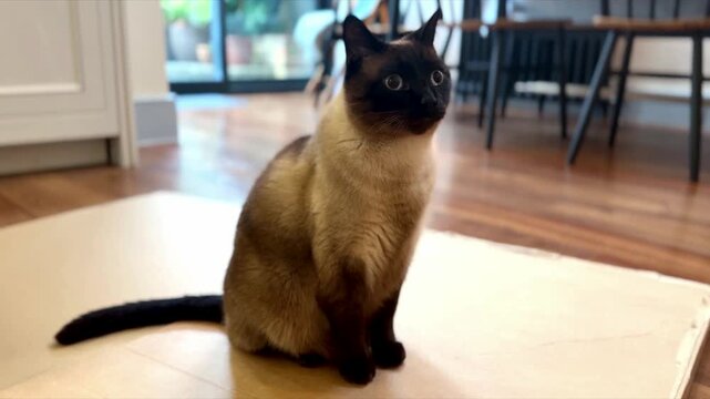siamese cat looking cute and adorable with begging eyes in modern home interior