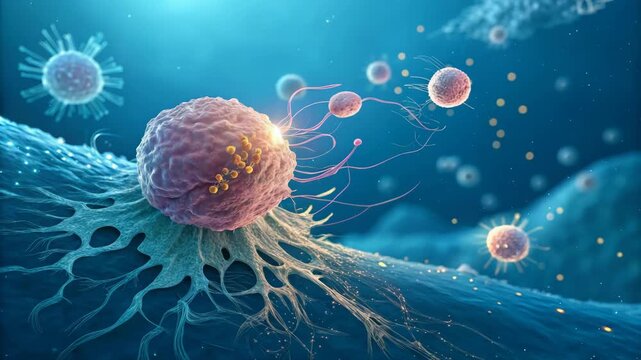 Cellular structure with microscopic organisms in blue fluid with cinematic motion and selective focus