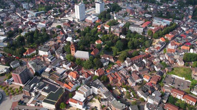 Aerial view around the downtown beside the city of Itzehoe in Germany on a sunny morning day in summer