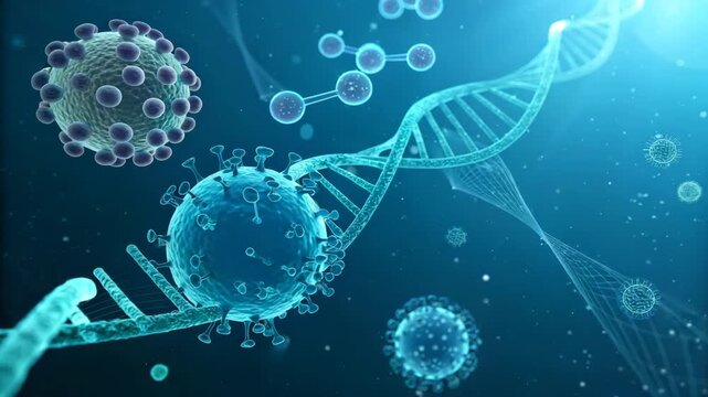 Coronavirus particle near DNA helix with medical research concept during blue light illumination
