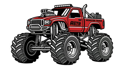 Red monster truck with massive tires and exposed engine © bagas