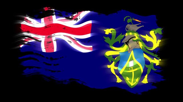Waving torn Pitcairn flag grunge brush burn light leaks, transparent background alpha channel loop full HD