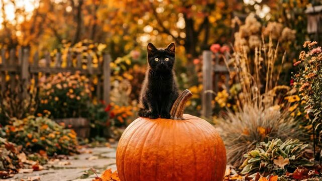 Black cat sits on a pumpkin in a vibrant autumn garden setting