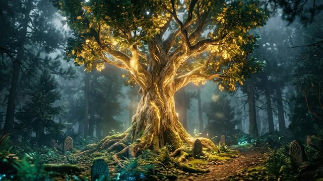 Enchanted forest path with glowing ancient tree and mystical runes