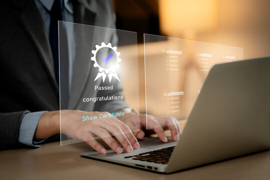 Online assessment and certification concept. professional completing a digital test and receiving a passed certificate on a laptop platform. exam, certification, elearning, assessment, qualification