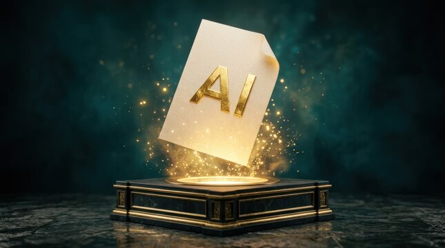 AI File Icon Glowing on Pedestal with Sparkles.