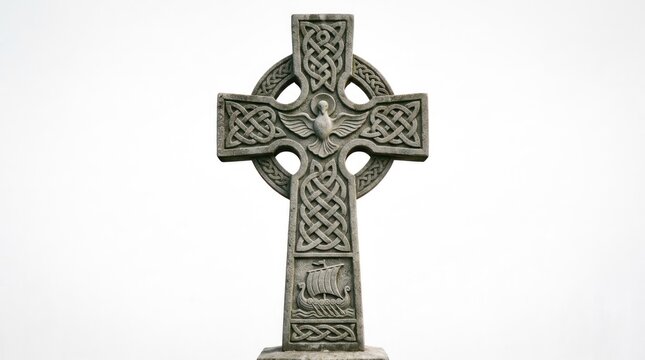 Ancient Celtic Cross Stone Sculpture with Intricate Knotwork Detail.