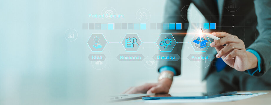 Product development and innovation process concept. Business professional managing project timeline from idea, research and development to product launch in a digital office. innovation, strategy, roa