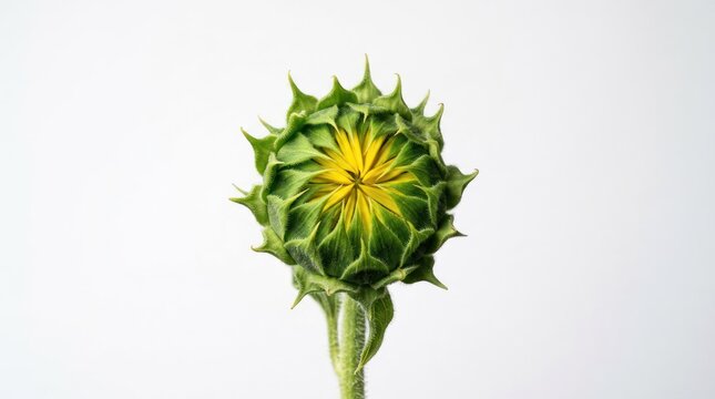 Closeup of a tightly closed sunflower bud with vibrant green sepals and a hint of yellow.