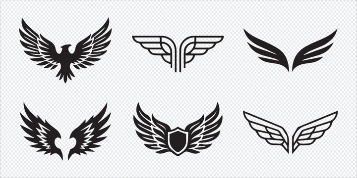 Set of decorative eagle wings and bird shield emblem vector icons with heraldry