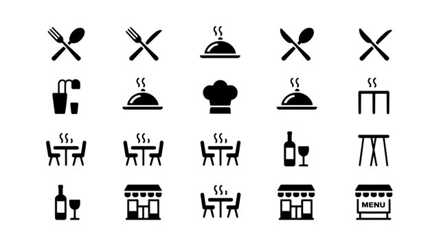 A collection of restaurant and food service icons featuring utensils, dishes, and tables with wine and meal settings.