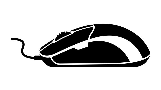Black computer mouse with cable, silhouette isolated on white background