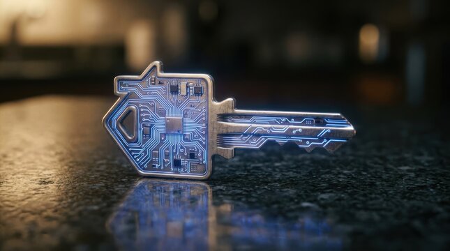 Futuristic Key with Integrated Circuitry Symbolizing Digital Security and Innovation.