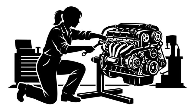 Female Mechanic Working on Car Engine in Workshop Silhouette