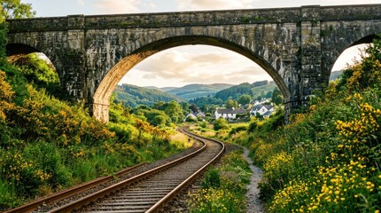 Fototapeta premium Historic Stone Railway Bridge Arching Over Tracks in Lush Green Valley.
