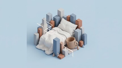Fototapeta premium Minimal abstract cityscape with bed and coffee cup