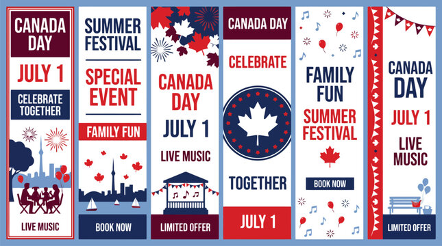Canada Day vertical banner set, July 1 celebration web templates with maple leaves, red and blue national holiday event flyers for summer festivals