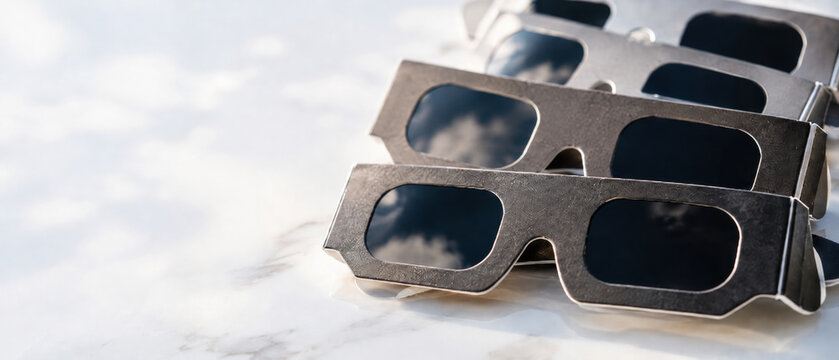 Solar eclipse viewing glasses on white surface, suitable for astronomical event backgrounds