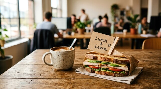 Office Lunch and Learn Session with Coffee and Sandwich.