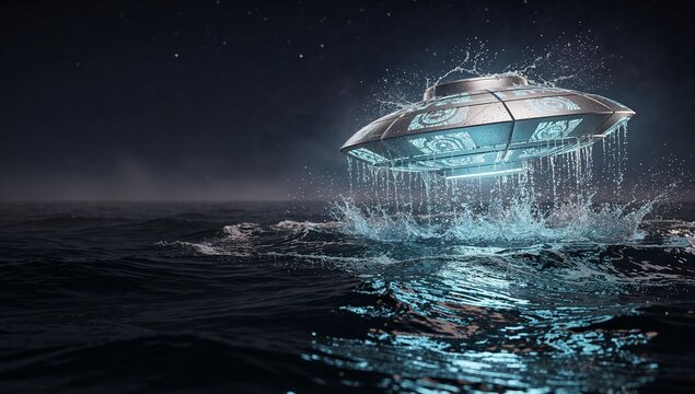 Bioluminescent Alien Spacecraft Rising from Deep Ocean Surface at Night