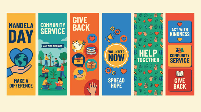 Mandela Day community service banners, volunteer work and charity donation posters, colorful social activism vector set with 6 vertical layouts