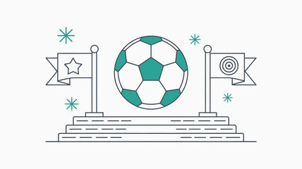Minimalist blue icon set featuring soccer ball on a football field, championship flags, sports arena markings, tournament symbols, victory indicators, clean flat vector design, modern UI sports interf © vector001