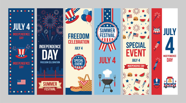 July 4 Independence Day vertical banner set, American freedom celebration posters with BBQ and fireworks, patriotic summer festival vector collection