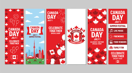 Naklejka premium Canada Day vertical banner set for July 1 summer festival, Canadian national holiday celebration posters with maple leaf and fireworks, red and white vector templates