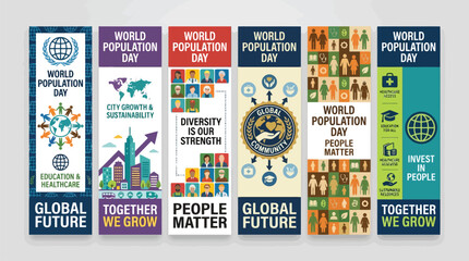 Naklejka premium World Population Day vertical banner set, global community and diversity infographics, 6 vector templates for social awareness and city growth